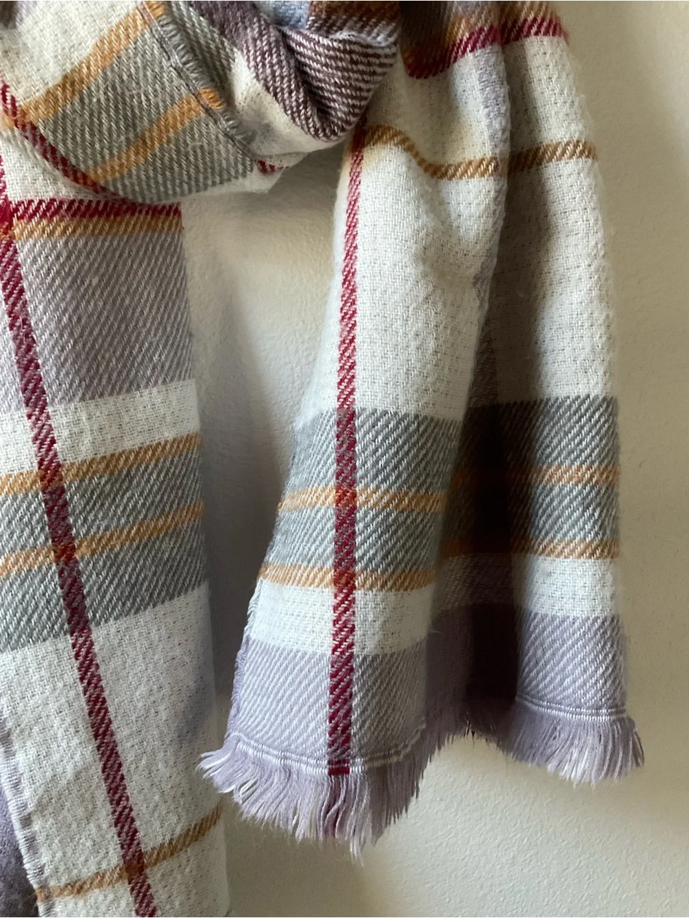 Cozy Plaid Fringe Scarf in Lavender and Cream